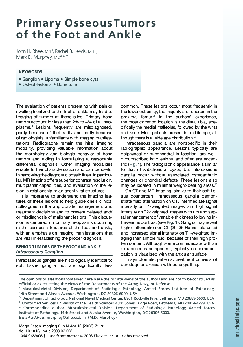 Primary Osseous Tumors of the Foot and Ankle 