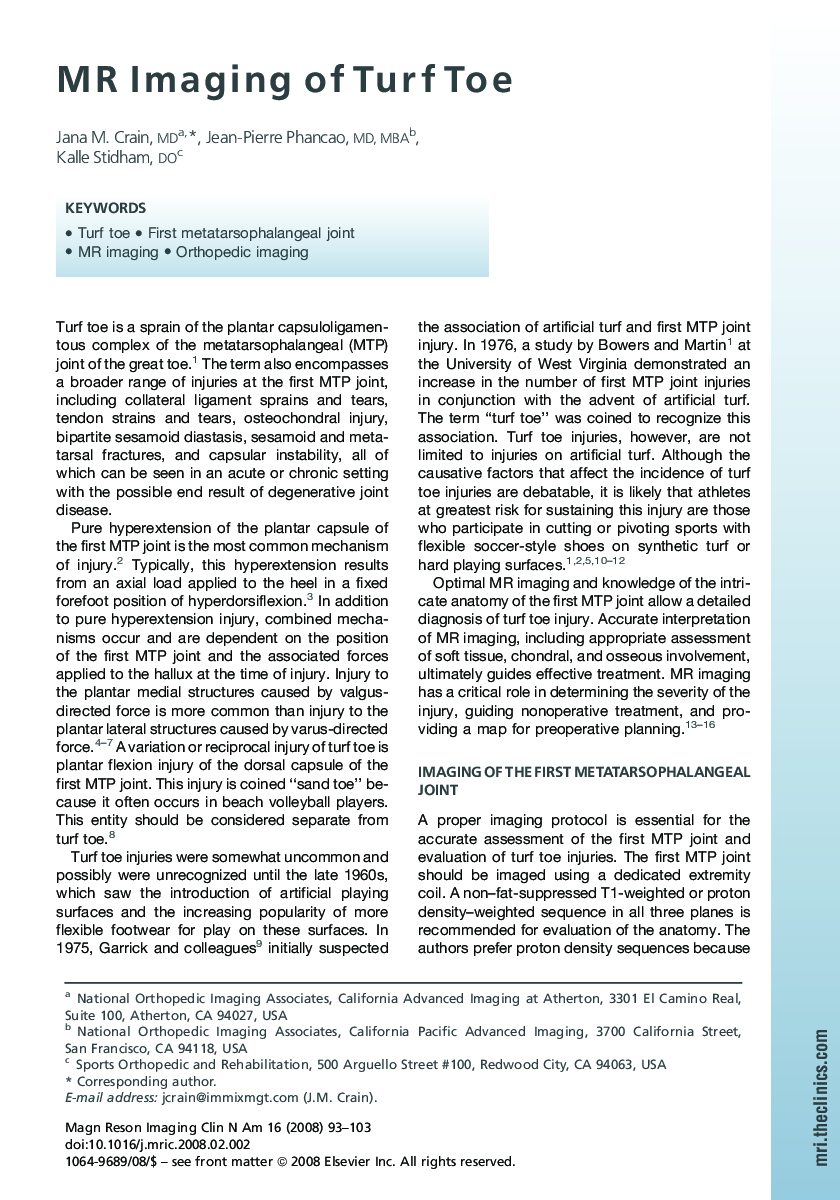 MR Imaging of Turf Toe