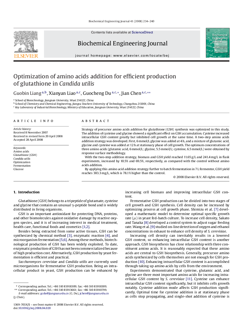 Optimization of amino acids addition for efficient production of glutathione in Candida utilis