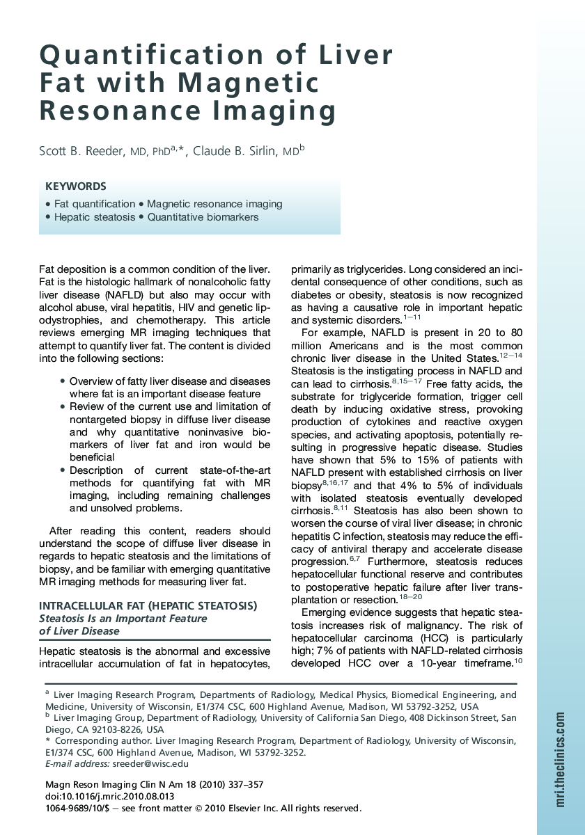 Quantification of Liver Fat with Magnetic Resonance Imaging