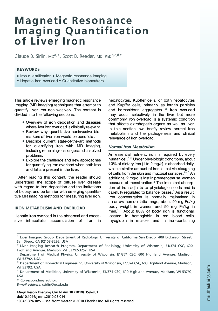 Magnetic Resonance Imaging Quantification of Liver Iron