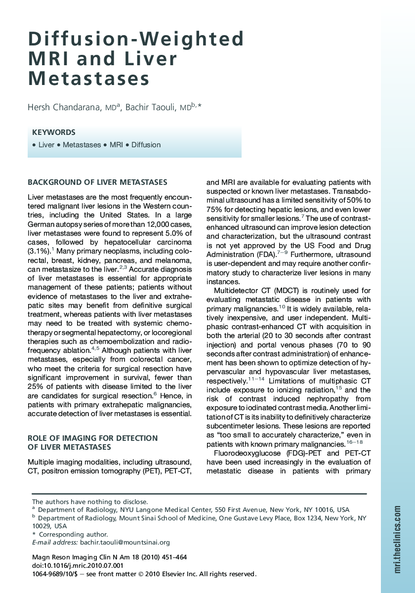 Diffusion-Weighted MRI and Liver Metastases