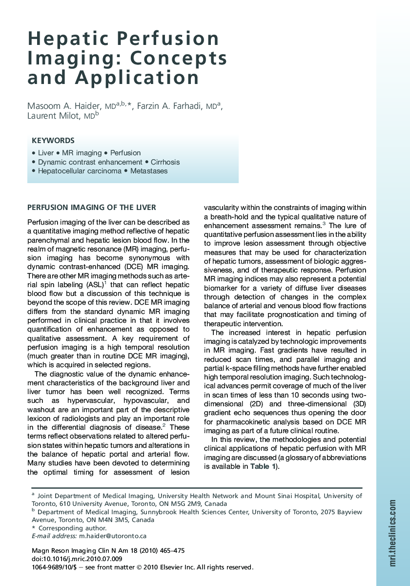 Hepatic Perfusion Imaging: Concepts and Application