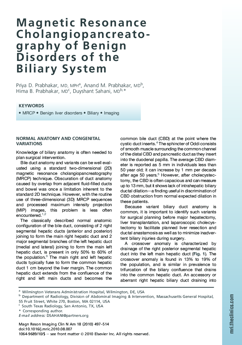 Magnetic Resonance Cholangiopancreatography of Benign Disorders of the Biliary System