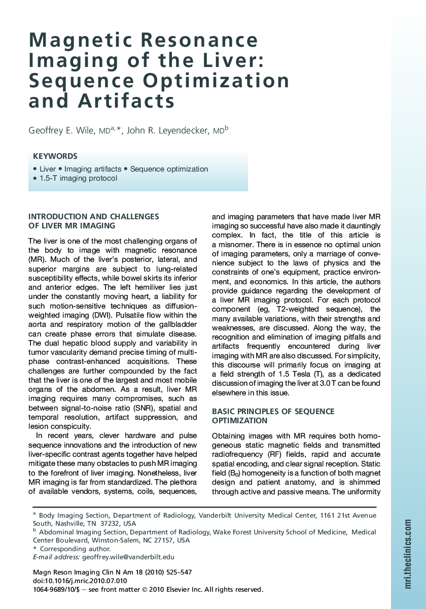 Magnetic Resonance Imaging of the Liver: Sequence Optimization and Artifacts