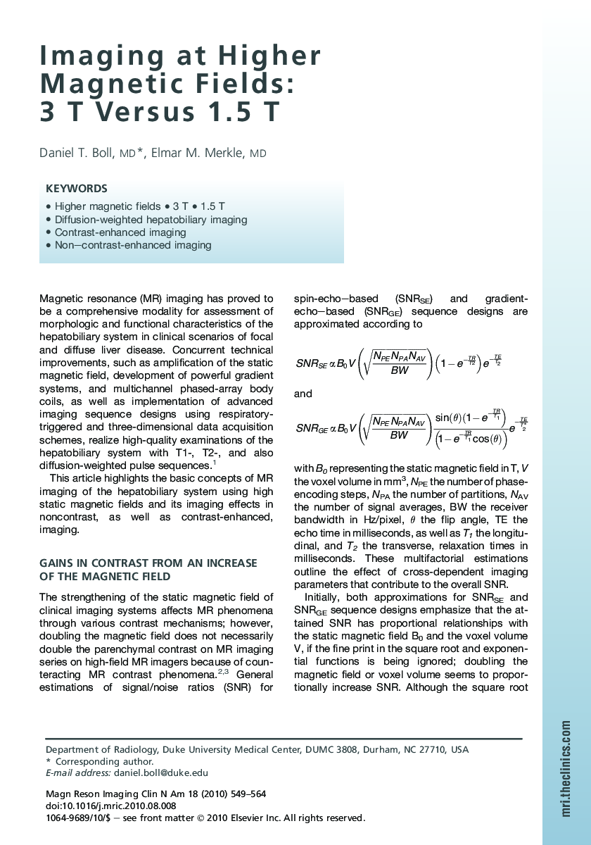 Imaging at Higher Magnetic Fields: 3 T Versus 1.5 T