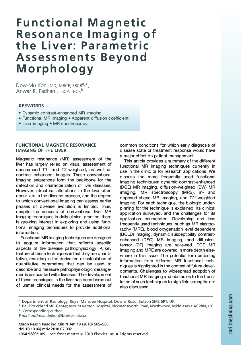 Functional Magnetic Resonance Imaging of the Liver: Parametric Assessments Beyond Morphology