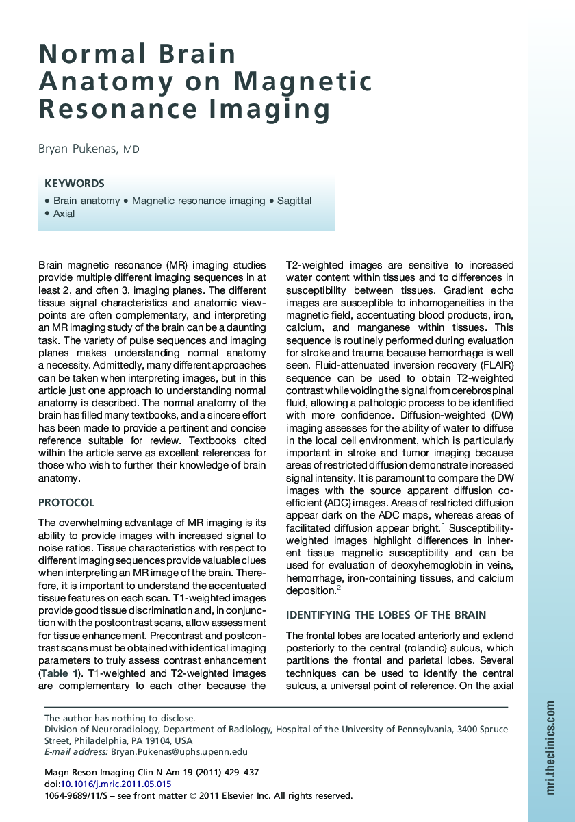 Normal Brain Anatomy on Magnetic Resonance Imaging