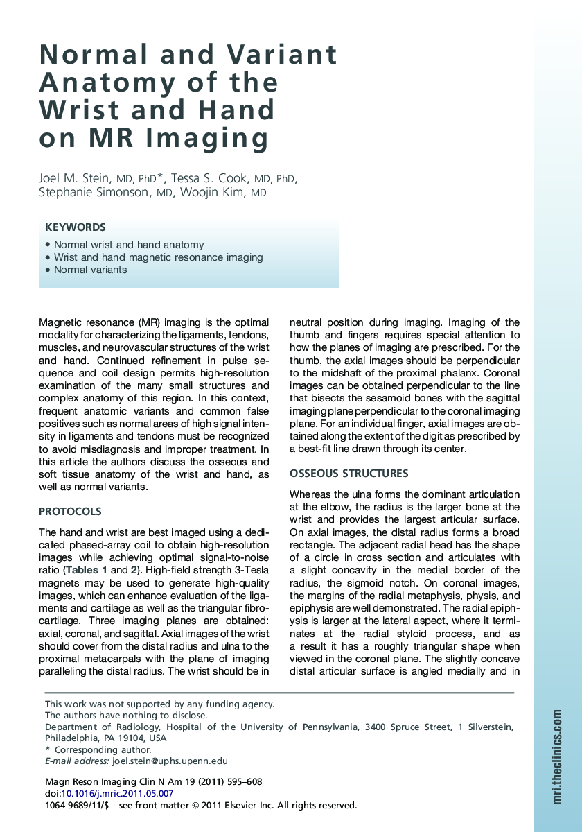 Normal and Variant Anatomy of the WristÂ and Hand onÂ MRÂ Imaging