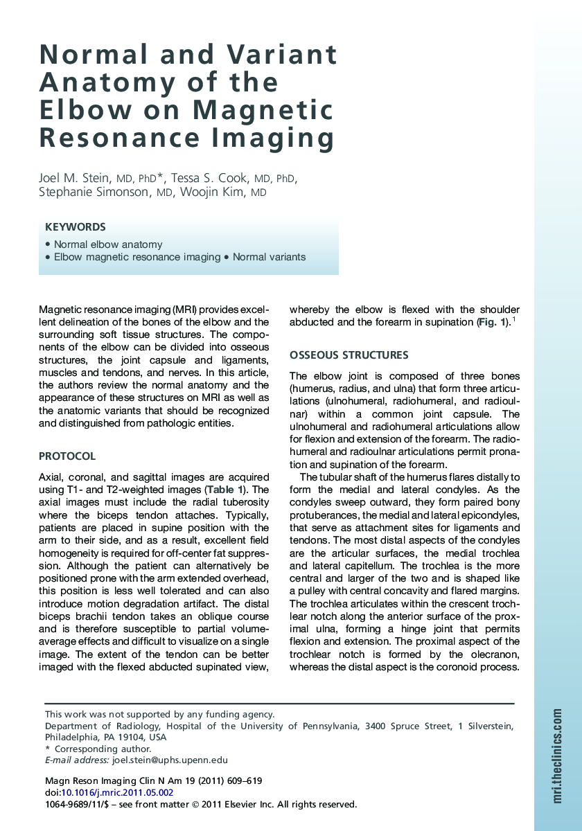 Normal and Variant Anatomy of the Elbow on Magnetic Resonance Imaging