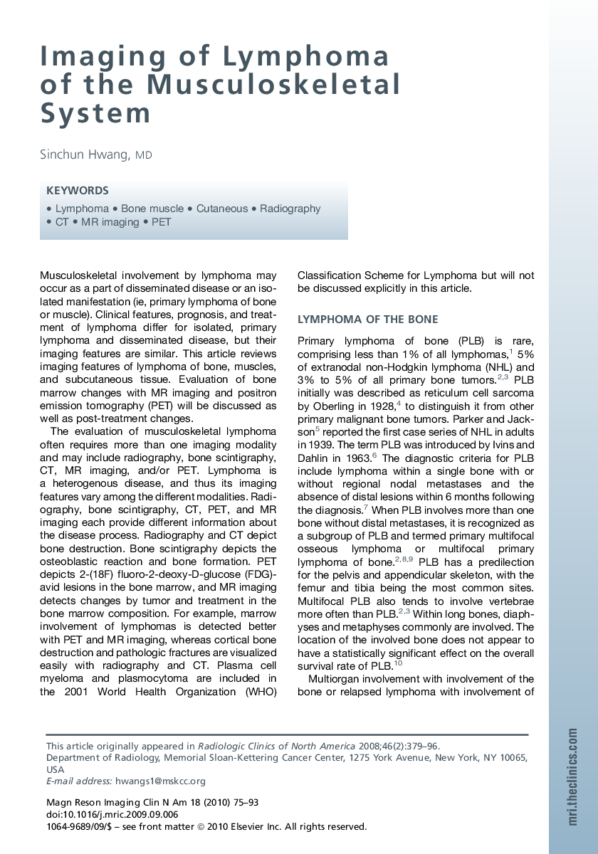Imaging of Lymphoma of the Musculoskeletal System