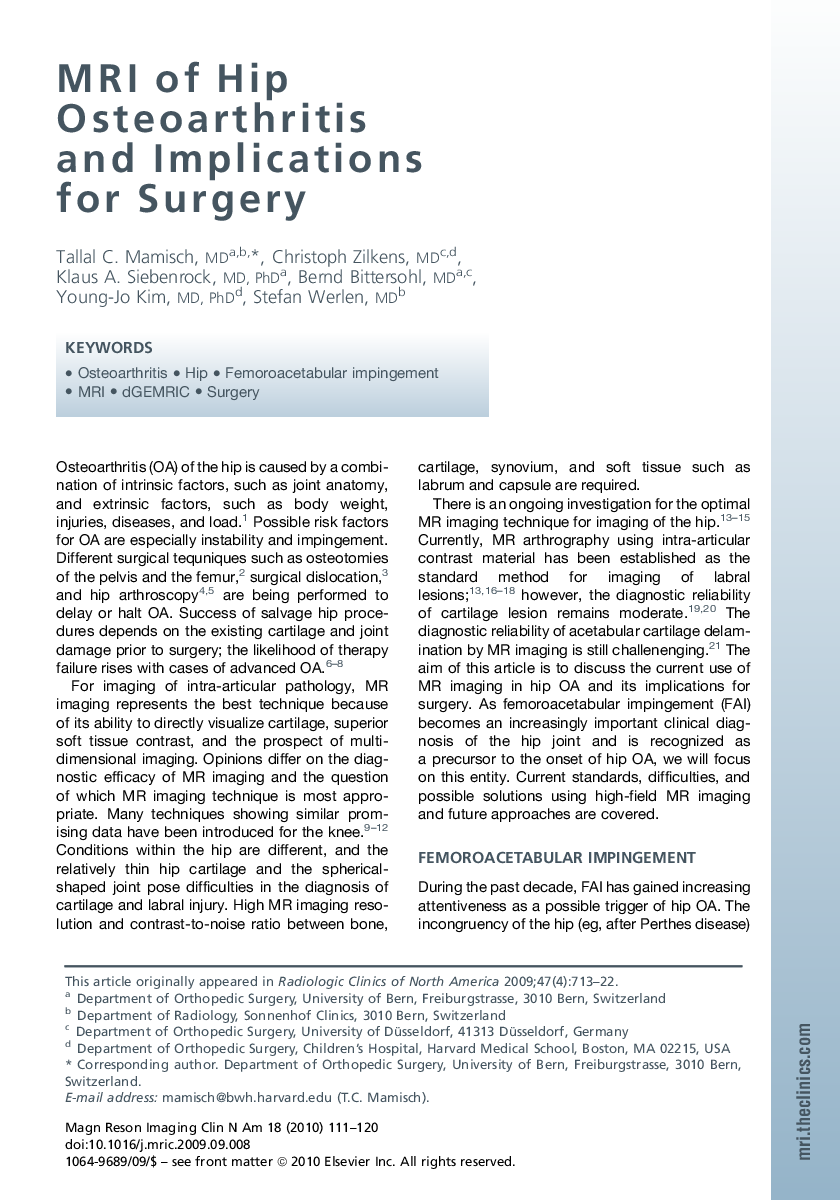 MRI of Hip Osteoarthritis and Implications for Surgery