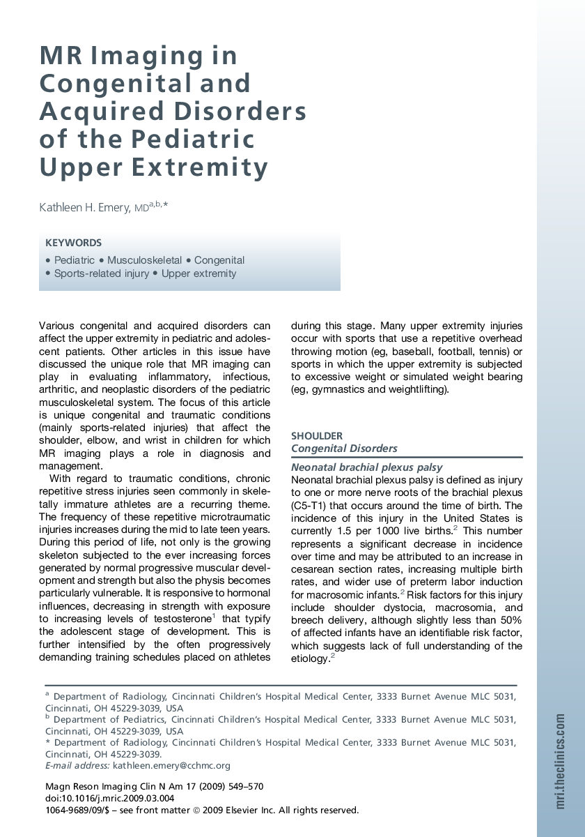 MR Imaging in Congenital and Acquired Disorders of the Pediatric Upper Extremity