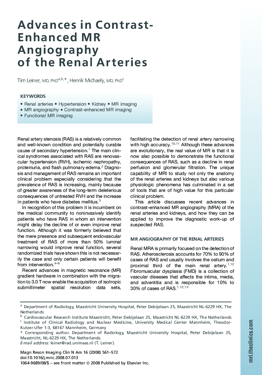 Advances in Contrast-Enhanced MR Angiography of the Renal Arteries