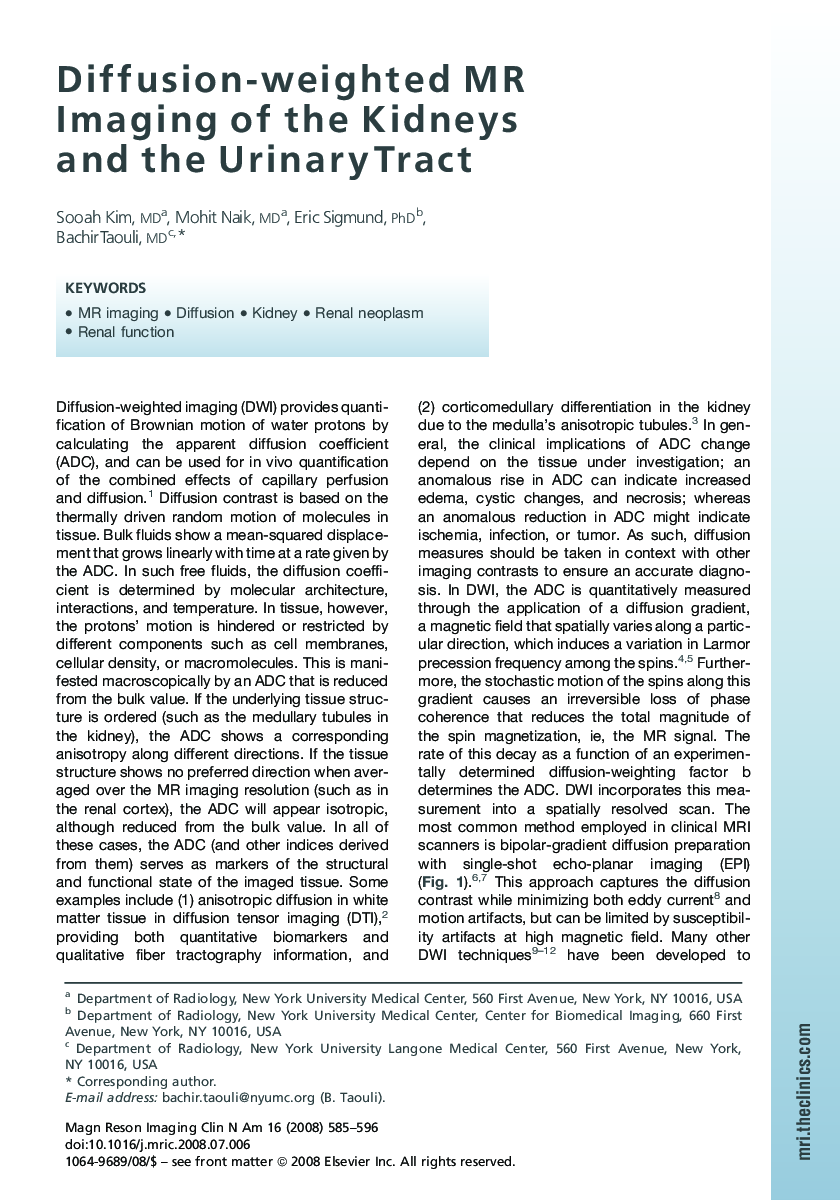 Diffusion-weighted MR Imaging of the Kidneys and the Urinary Tract