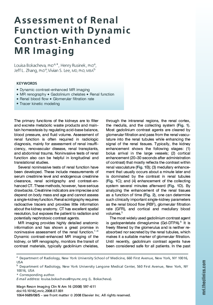 Assessment of Renal Function with Dynamic Contrast-Enhanced MR Imaging
