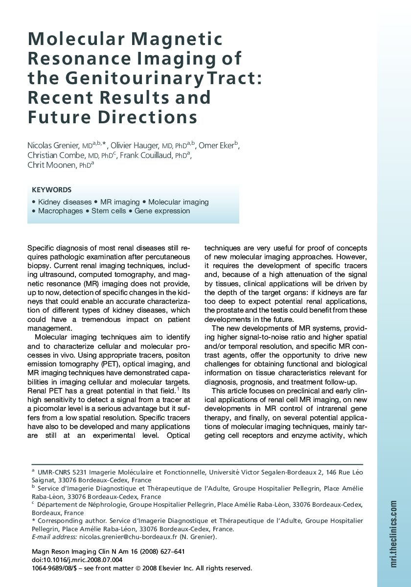 Molecular Magnetic Resonance Imaging of the Genitourinary Tract: Recent Results and Future Directions