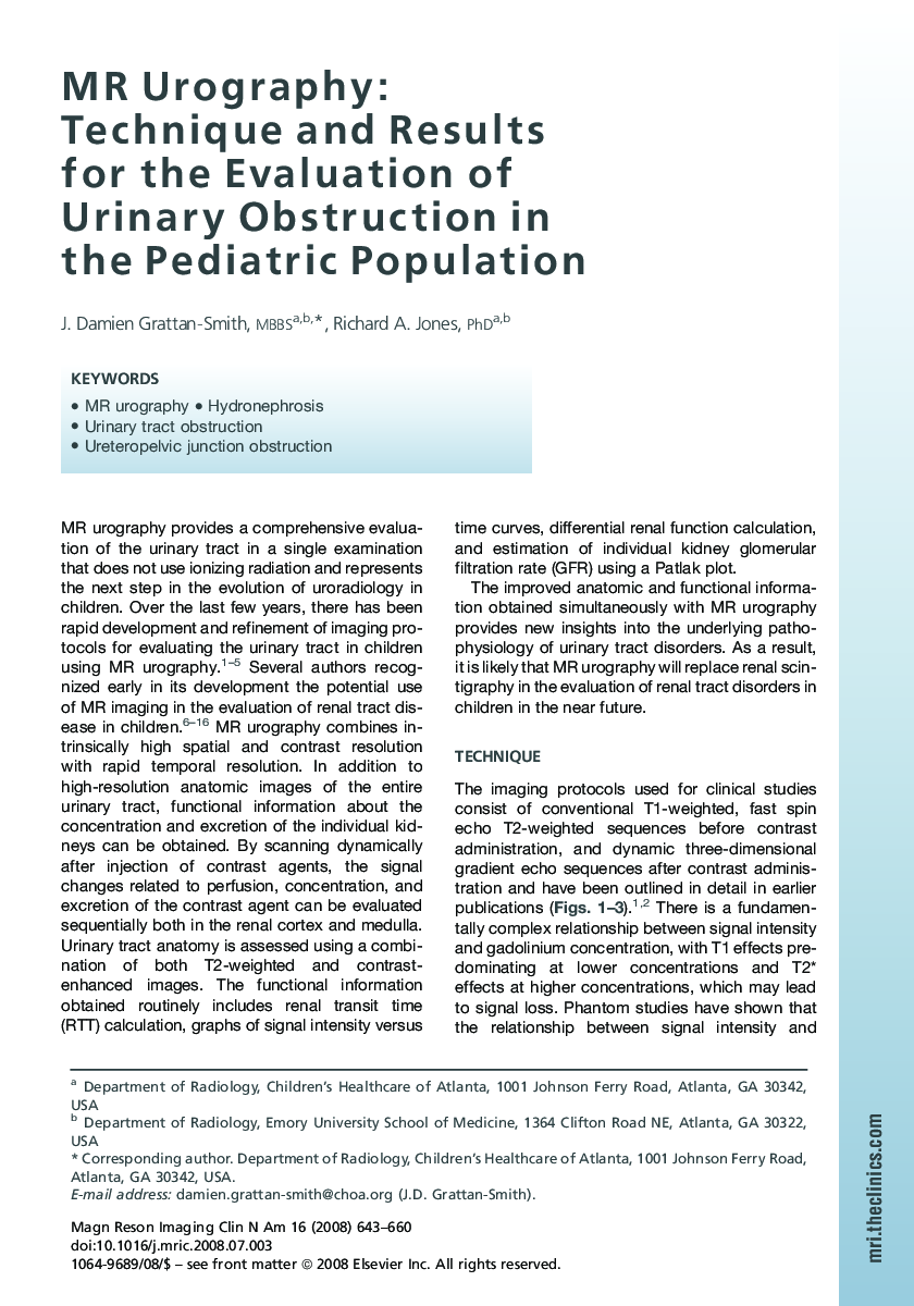 MR Urography: Technique and Results for the Evaluation of Urinary Obstruction in the Pediatric Population