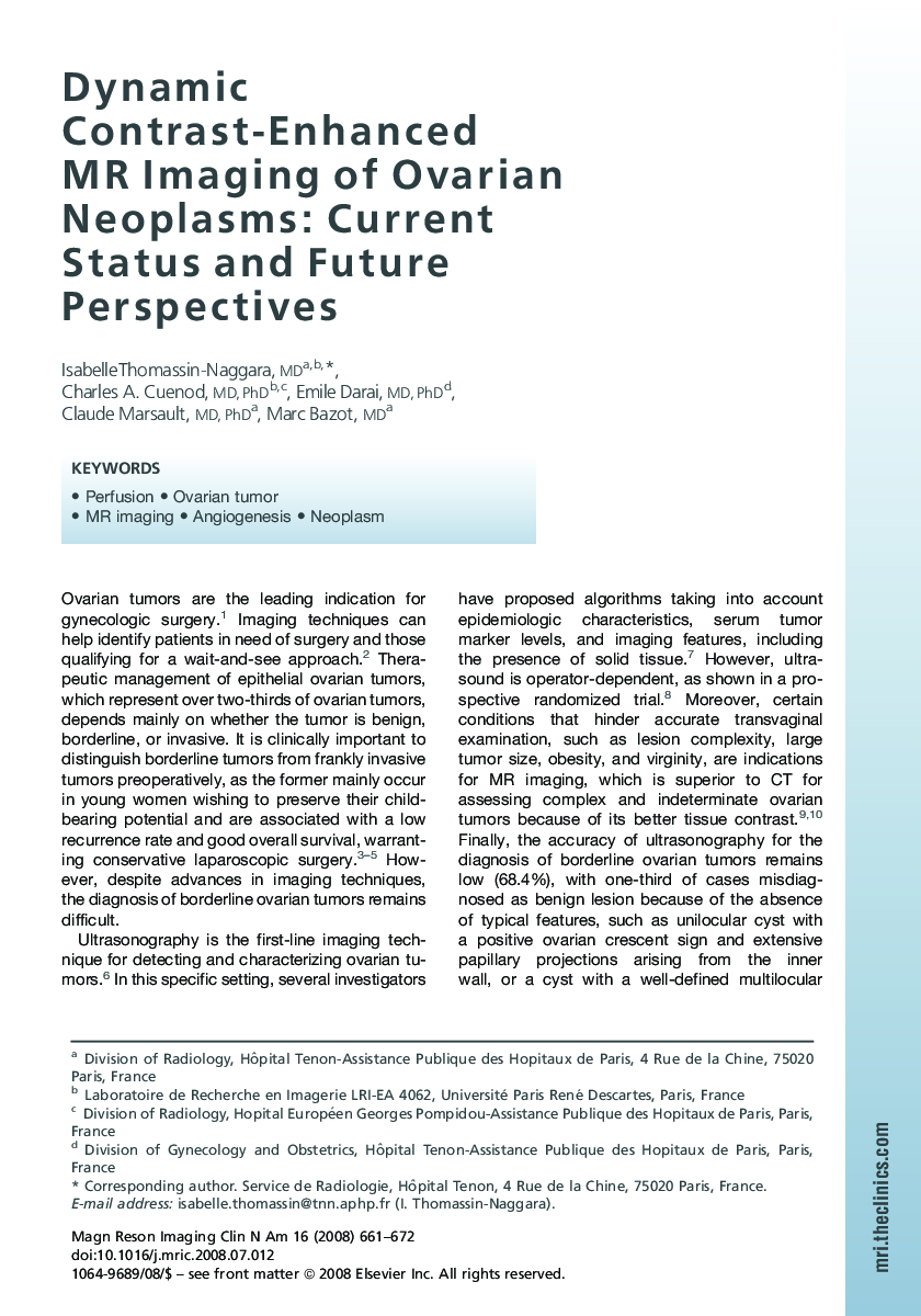 Dynamic Contrast-Enhanced MR Imaging of Ovarian Neoplasms: Current Status and Future Perspectives