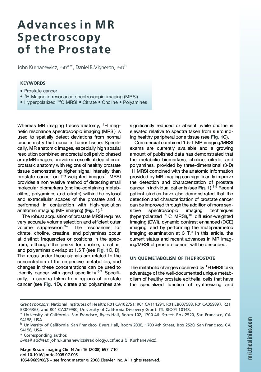 Advances in MR Spectroscopy of the Prostate