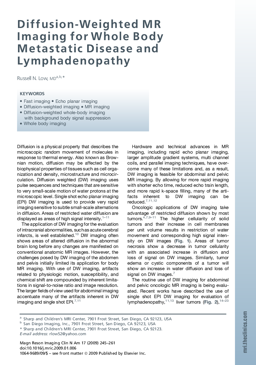 Diffusion-Weighted MR Imaging for Whole Body Metastatic Disease and Lymphadenopathy