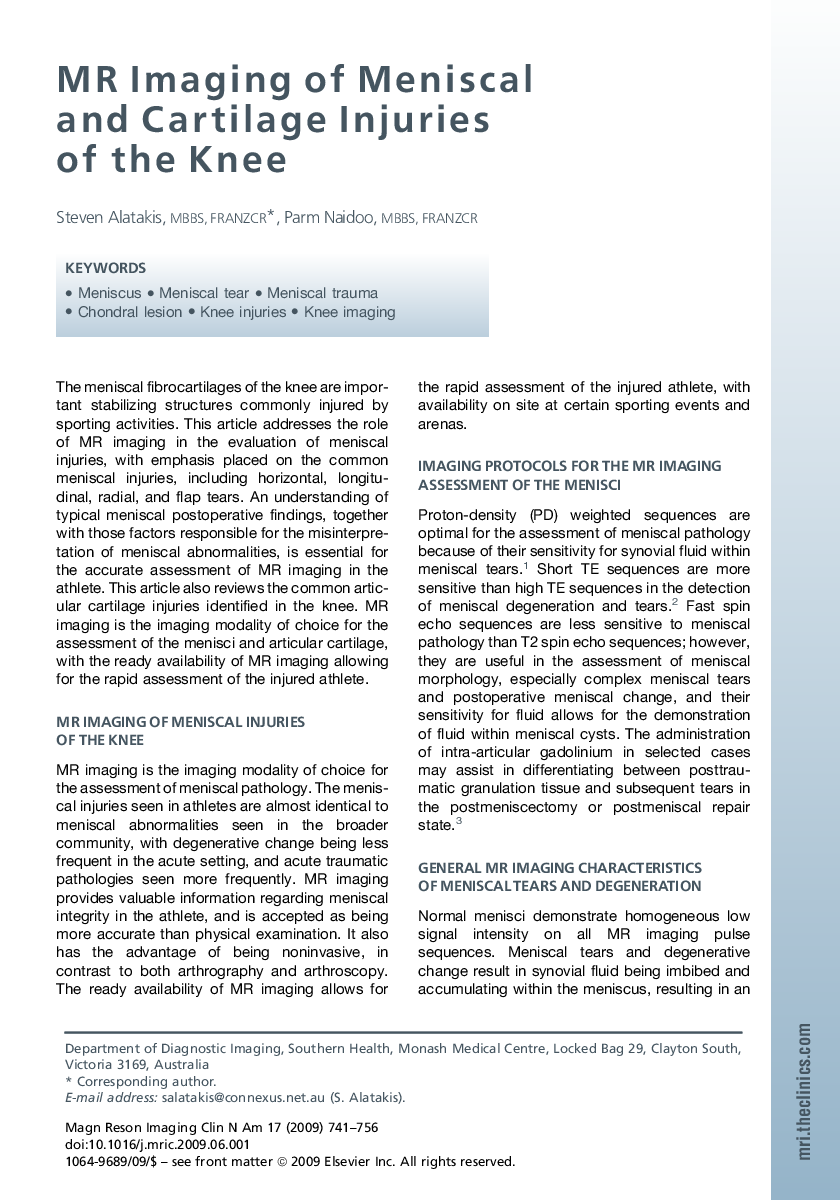 MR Imaging of Meniscal and Cartilage Injuries of the Knee