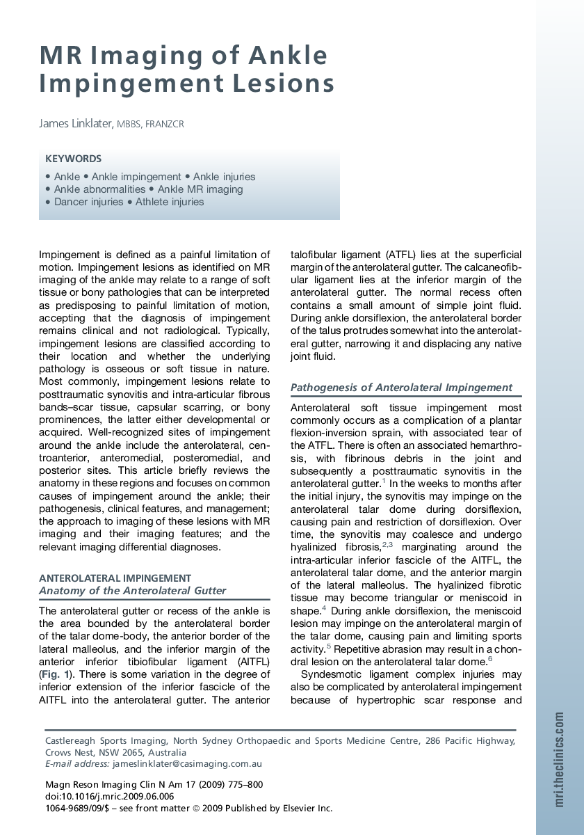 MR Imaging of Ankle Impingement Lesions