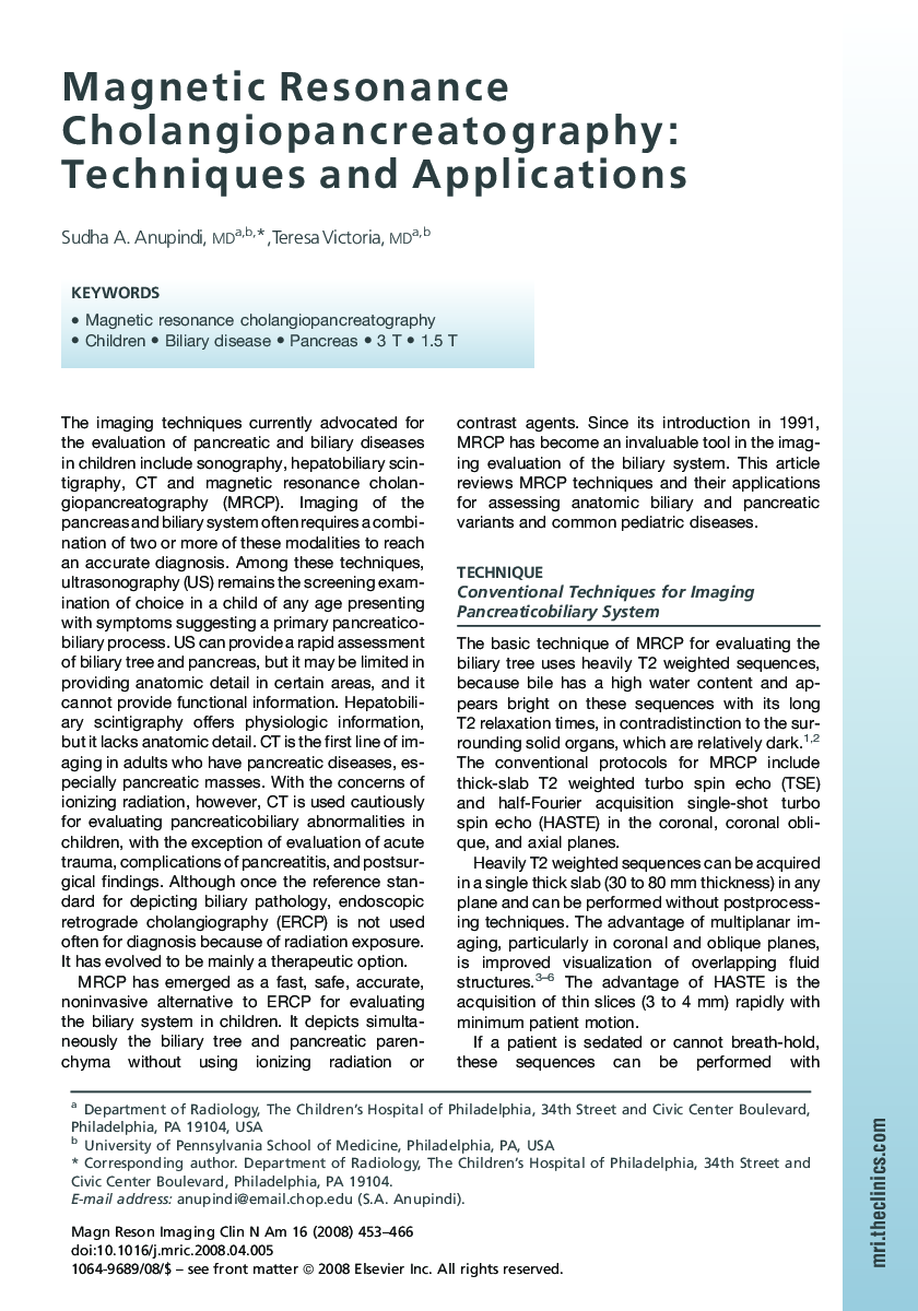 Magnetic Resonance Cholangiopancreatography: Techniques and Applications