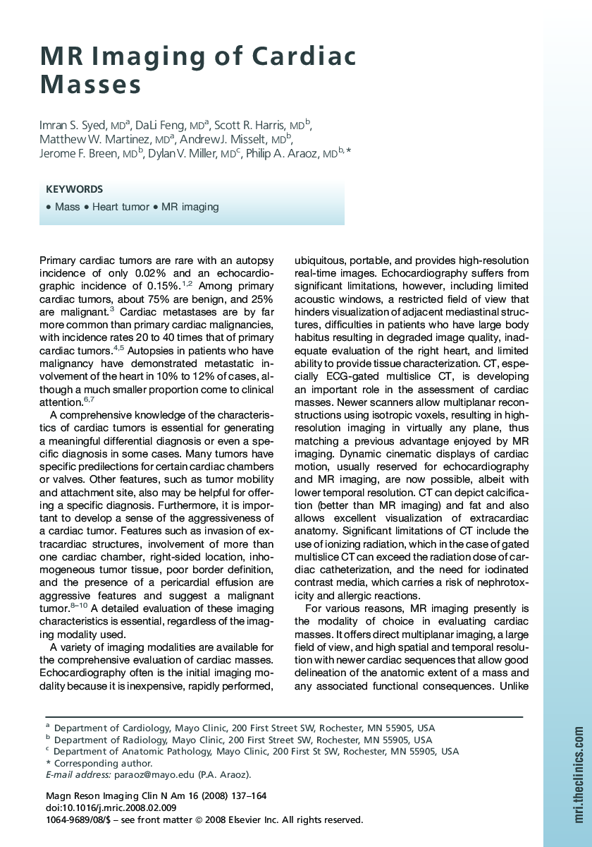 MR Imaging of Cardiac Masses