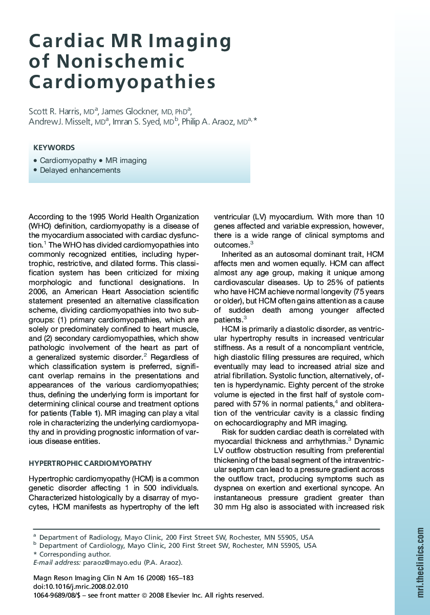 Cardiac MR Imaging of Nonischemic Cardiomyopathies