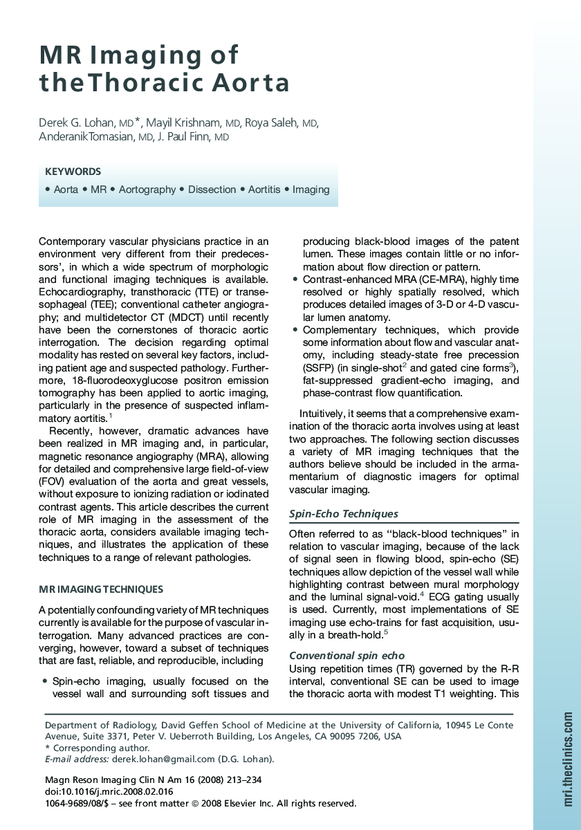 MR Imaging of the Thoracic Aorta