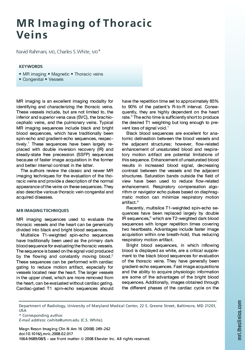 MR Imaging of Thoracic Veins