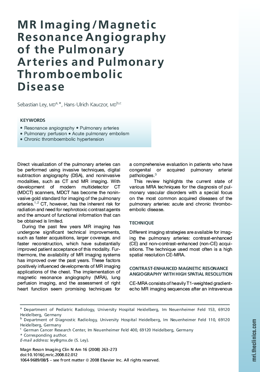 MR Imaging/Magnetic Resonance Angiography of the Pulmonary Arteries and Pulmonary Thromboembolic Disease