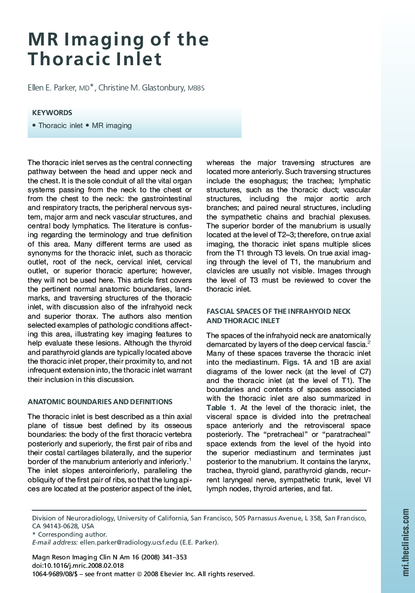 MR Imaging of the Thoracic Inlet