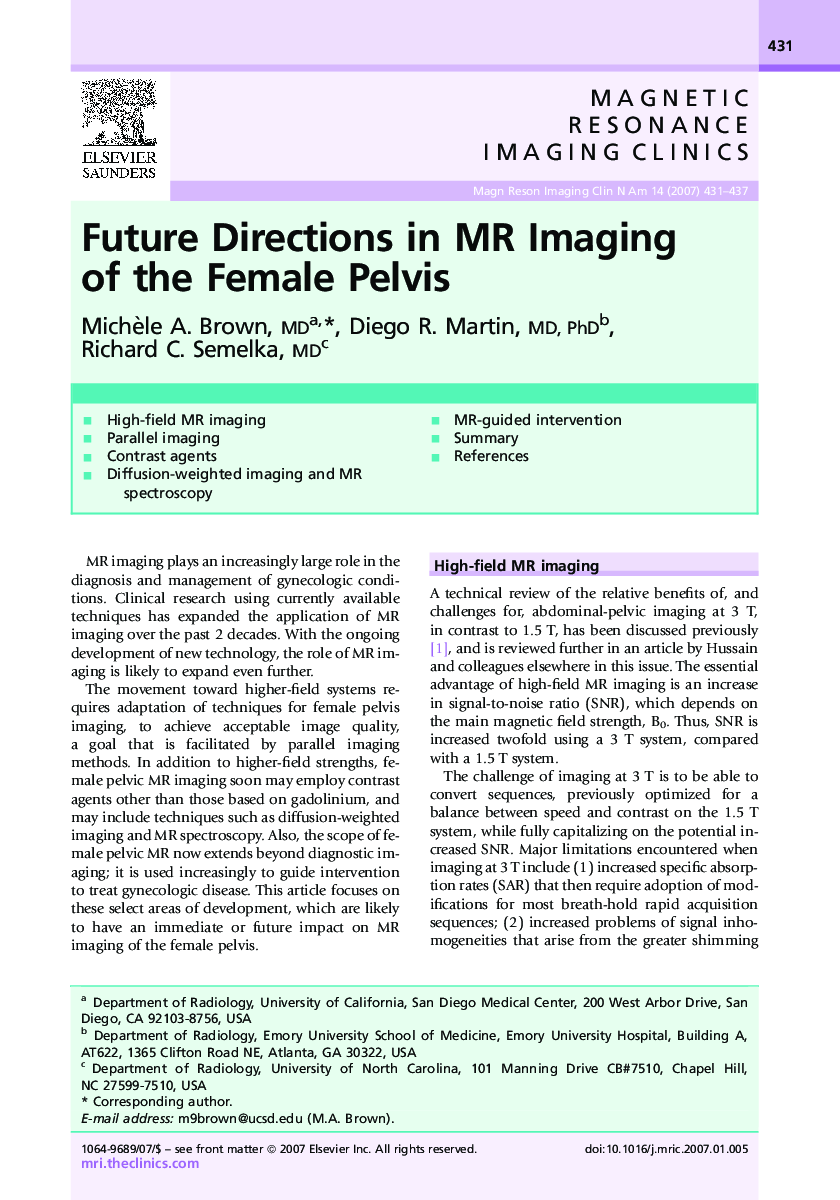 Future Directions in MR Imaging of the Female Pelvis