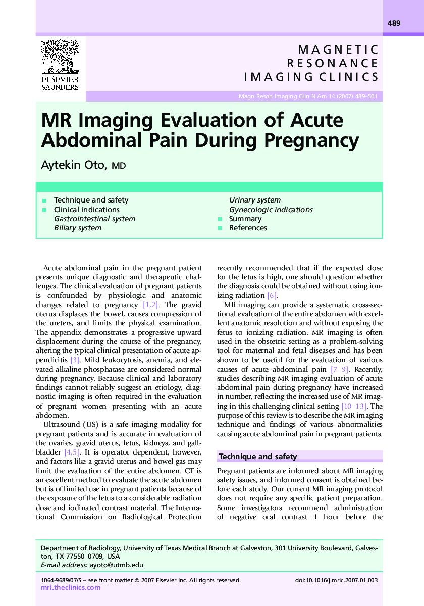 MR Imaging Evaluation of Acute Abdominal Pain During Pregnancy
