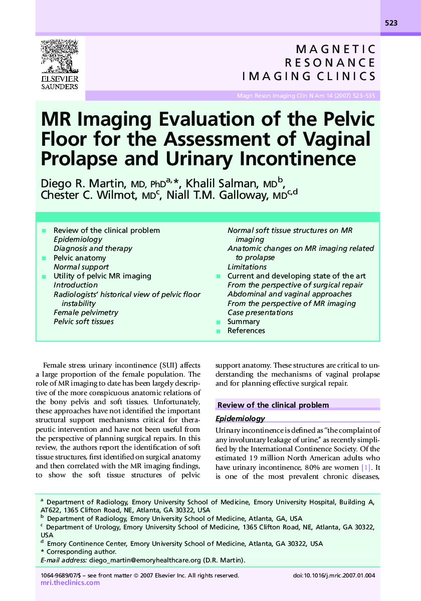 MR Imaging Evaluation of the Pelvic Floor for the Assessment of Vaginal Prolapse and Urinary Incontinence