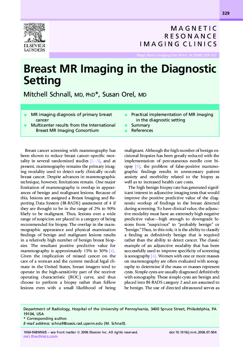 Breast MR Imaging in the Diagnostic Setting