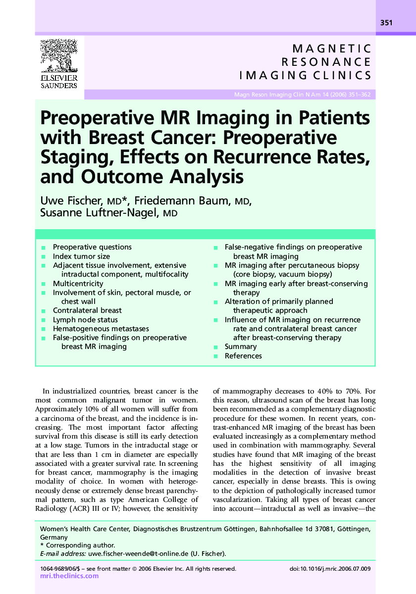 Preoperative MR Imaging in Patients with Breast Cancer: Preoperative Staging, Effects on Recurrence Rates, and Outcome Analysis