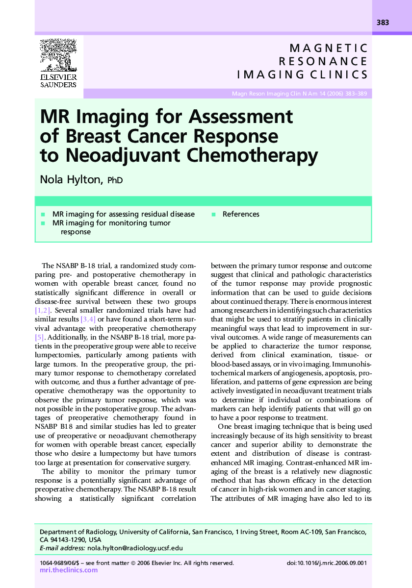 MR Imaging for Assessment of Breast Cancer Response to Neoadjuvant Chemotherapy