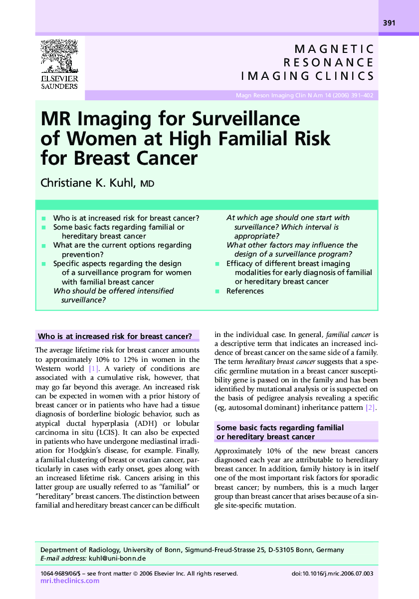 MR Imaging for Surveillance of Women at High Familial Risk for Breast Cancer