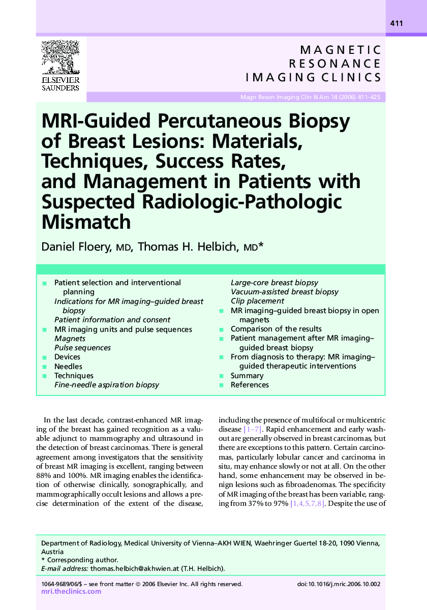 MRI-Guided Percutaneous Biopsy of Breast Lesions: Materials, Techniques, Success Rates, and Management in Patients with Suspected Radiologic-Pathologic Mismatch