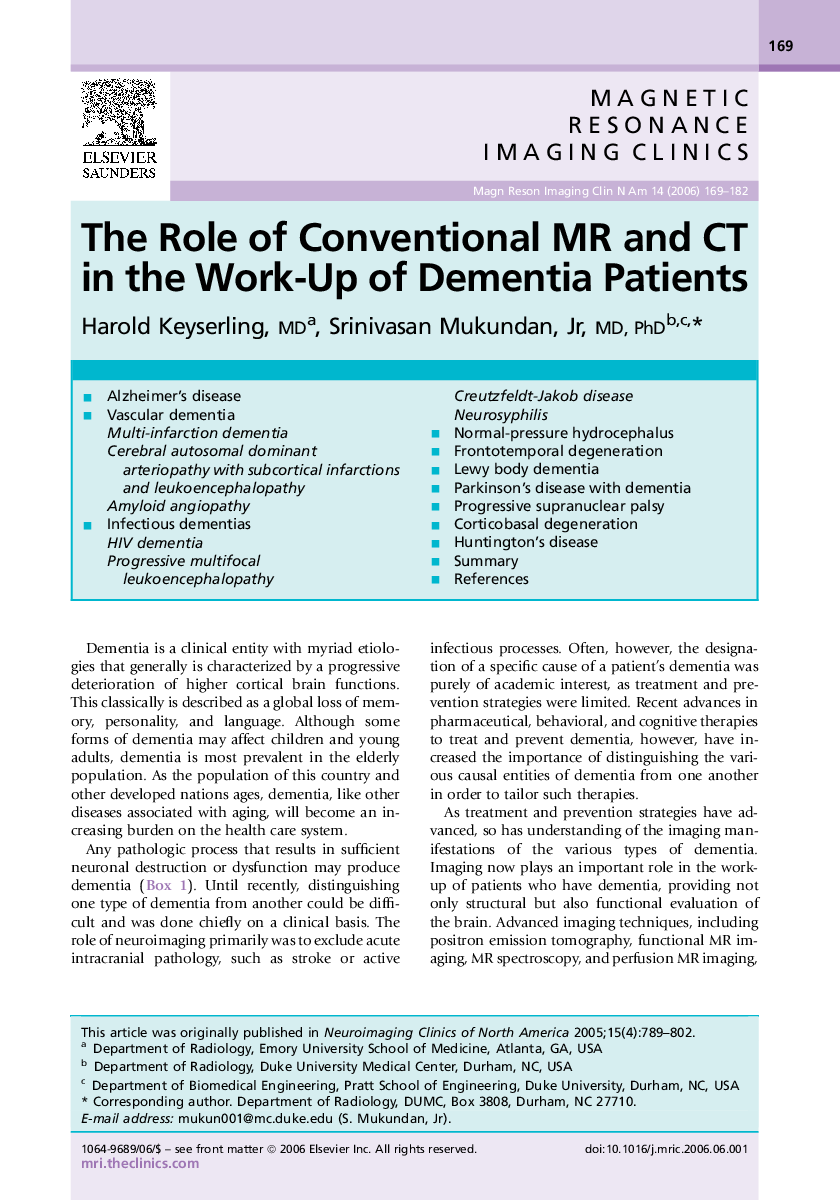 The Role of Conventional MR and CT in the Work-Up of Dementia Patients