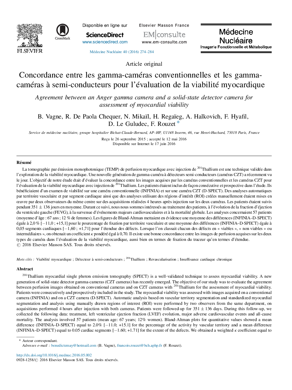 Concordance entre les gamma-caméras conventionnelles et les gamma-caméras à semi-conducteurs pour l’évaluation de la viabilité myocardique