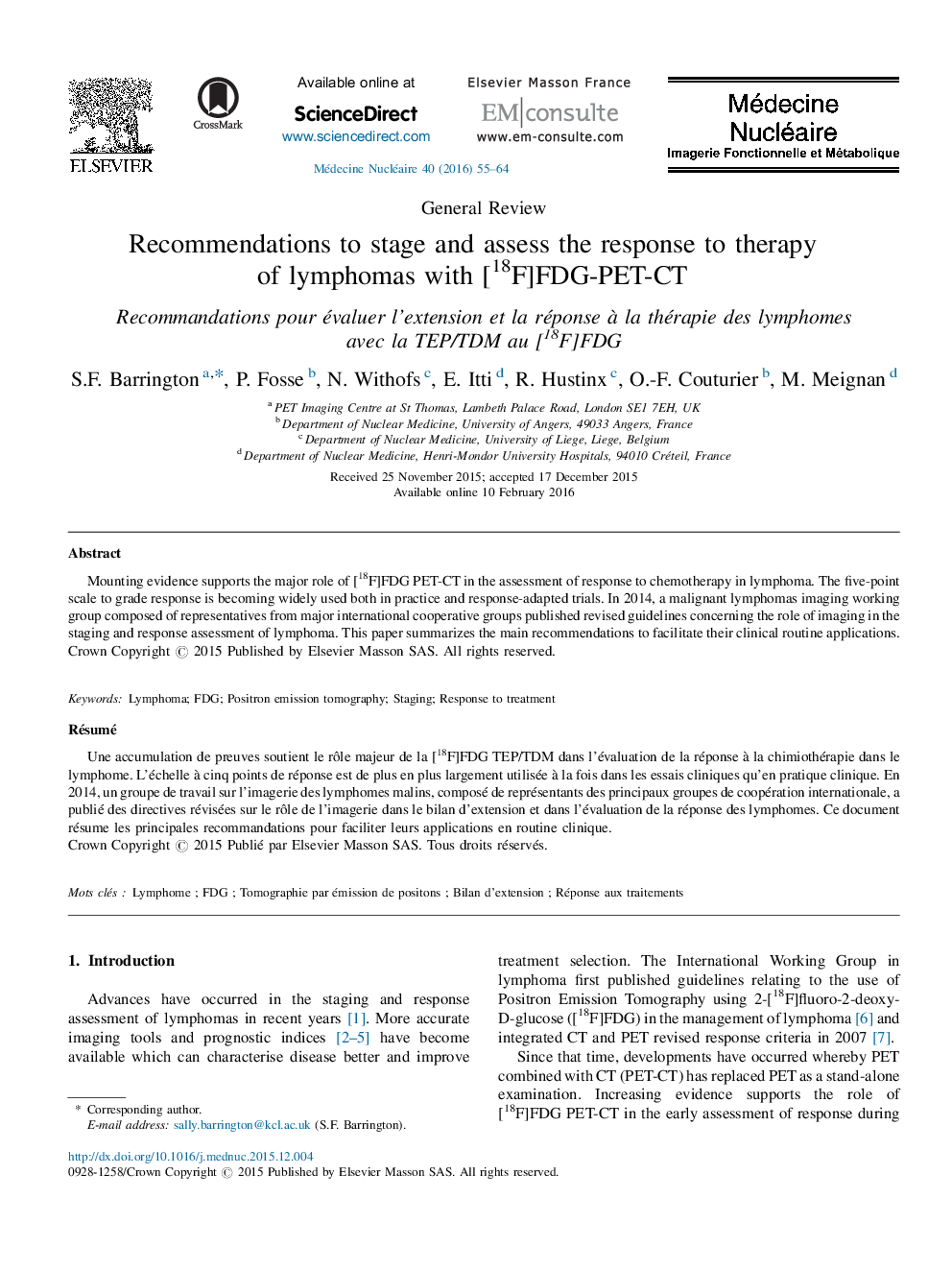 Recommendations to stage and assess the response to therapy of lymphomas with [18F]FDG-PET-CT