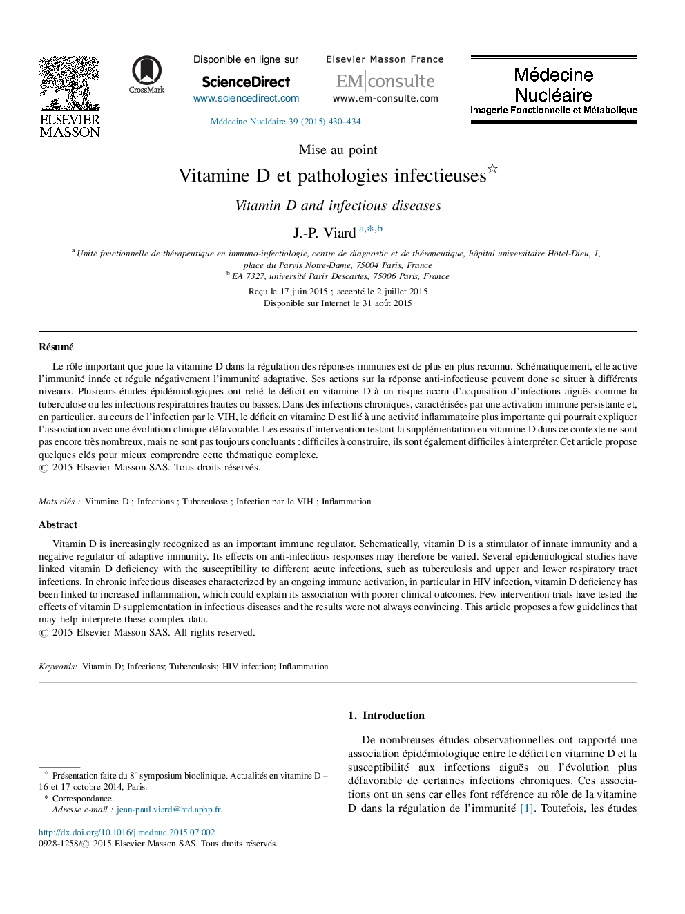 Vitamine D et pathologies infectieuses 