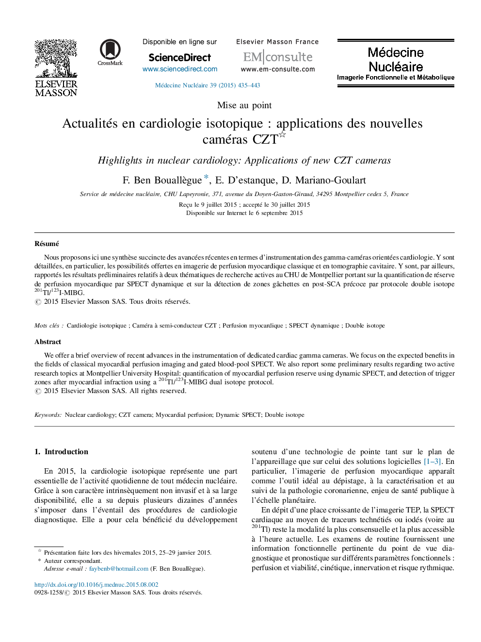 Actualités en cardiologie isotopique : applications des nouvelles caméras CZT 