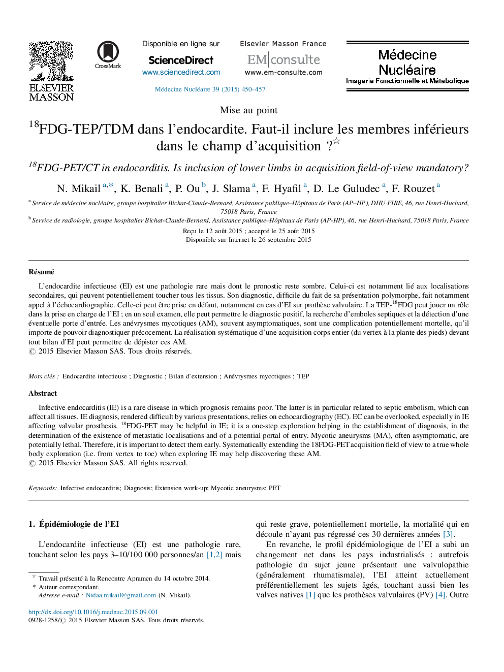 18FDG-TEP/TDM dans l’endocardite. Faut-il inclure les membres inférieurs dans le champ d’acquisition ? 