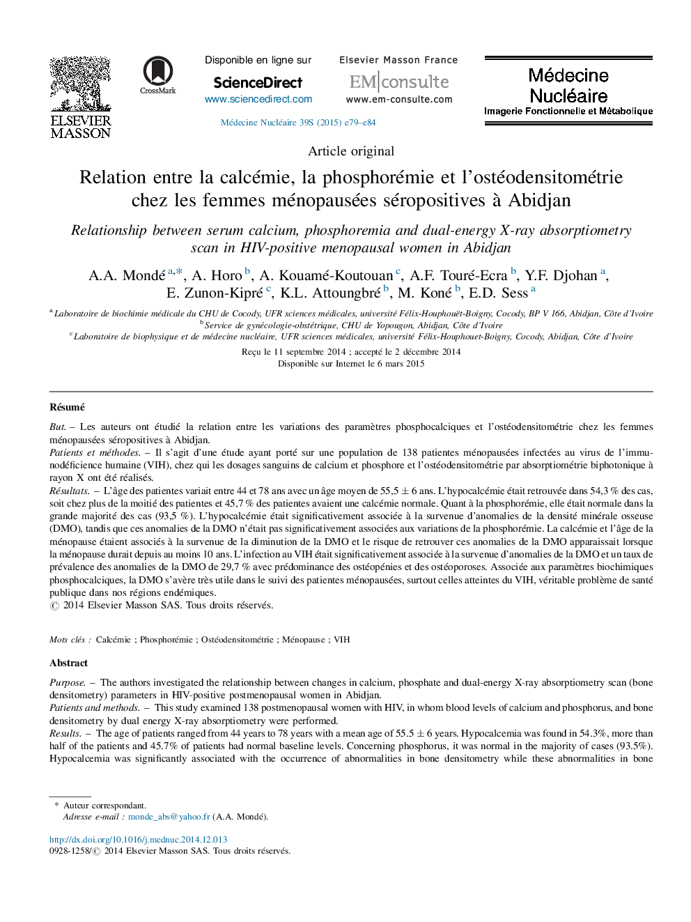 Relation entre la calcémie, la phosphorémie et l’ostéodensitométrie chez les femmes ménopausées séropositives à Abidjan