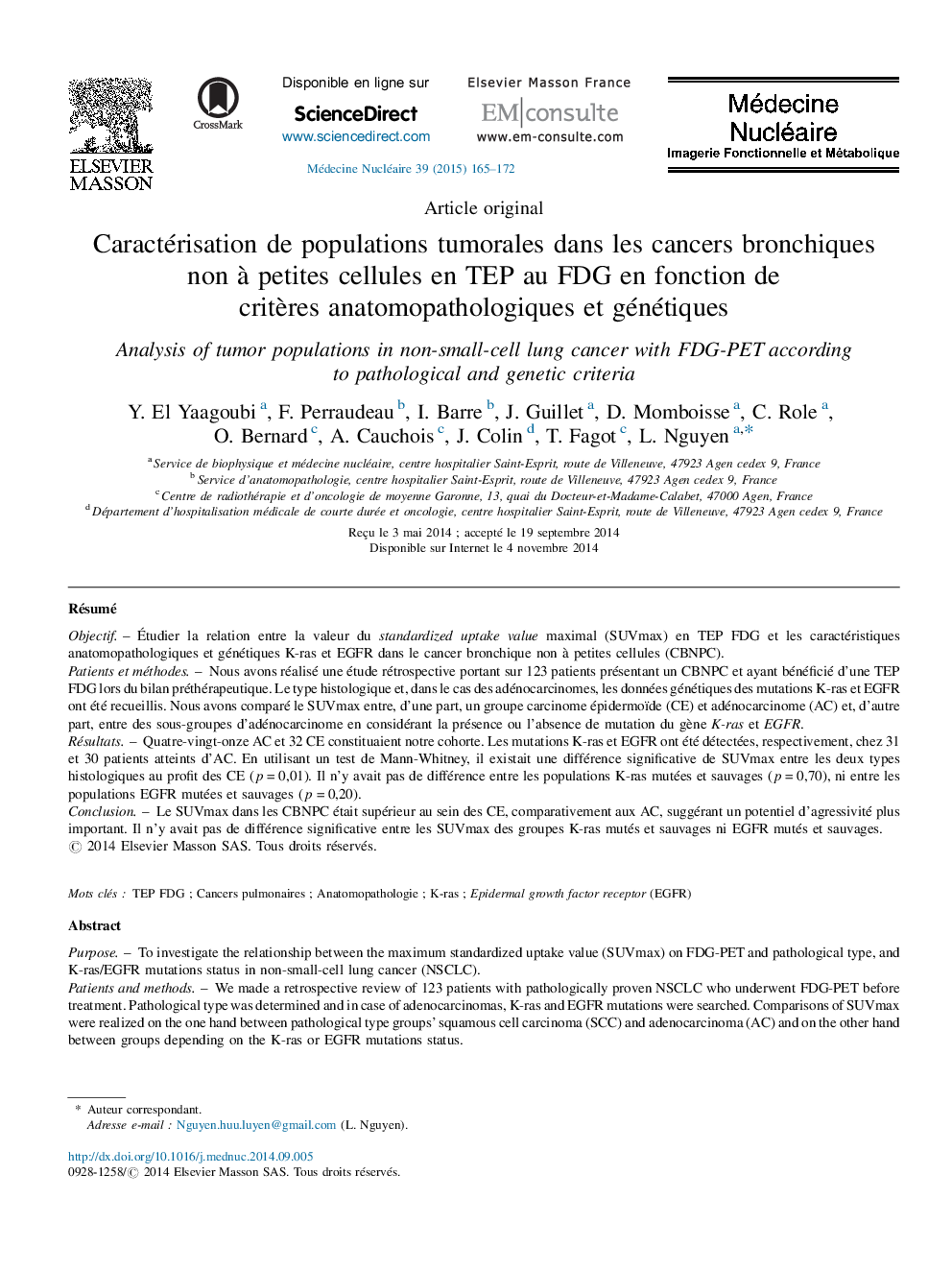 Caractérisation de populations tumorales dans les cancers bronchiques non à petites cellules en TEP au FDG en fonction de critères anatomopathologiques et génétiques